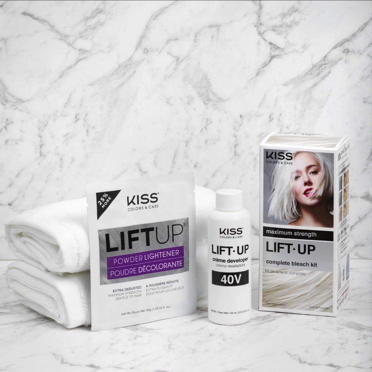 KISS Lift Up Complete Hair Bleach & Icy Silver Toner Kit, Gentle Conditioning Formula that Reduces Brassiness, Complete 6-Pc DIY Bleach Kit, ICE