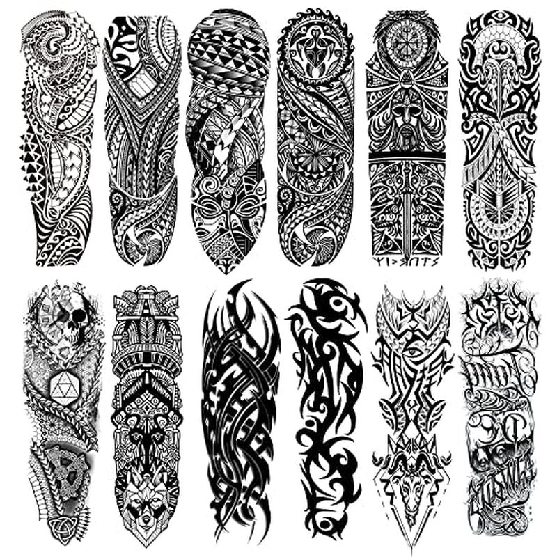 Fake Totem Sleeve Tattoos Stickers, Full Arm Tribal Totem Temporary Tattoos Sleeves for Adult Kids Women Makeup, 12-Sheet
