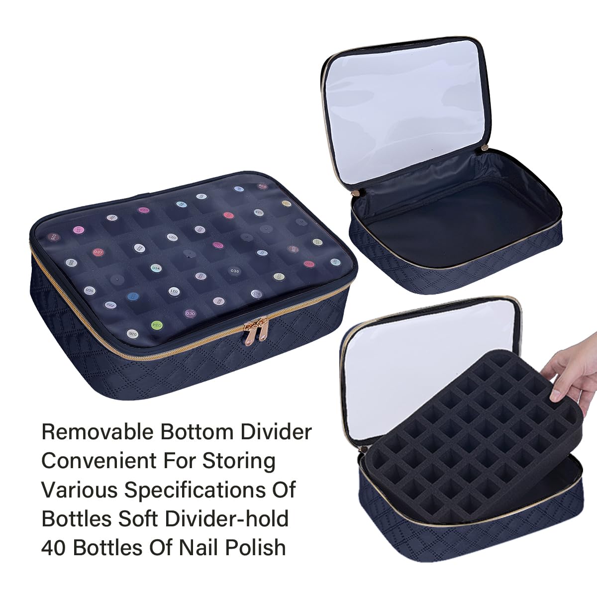 UOZL Nail Polish Bag organizer-Holds 40 bottles(15ml-0.5fl.oz)，Nail Polish Carrying Case Clear Multifunctional Cosmetic Travel Cases Makeup Bags Black