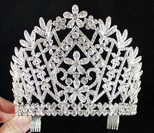 Silver Plated Daisy Austrian Rhinestone Tiara with Hair Combs - Bridal Prom Wedding Jewelry