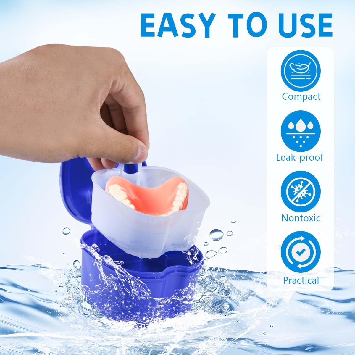 KISEER 2 Pack Colors Denture Bath Case Cup Box Holder Storage Soak Container with Strainer Basket for Travel Cleaning (Light Blue and Blue)