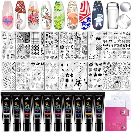 Biutee 31pcs Nail Stamping Kit with 16 Plates and 10 Gel Polishes - DIY Nail Art
