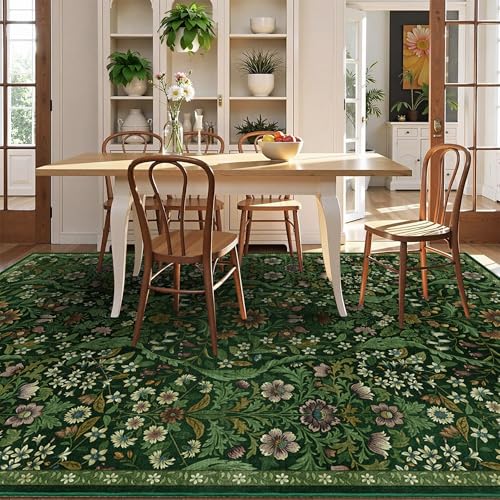 Dark Green Floral Area Rug 6x9 Washable Botanical Carpet for Living Room