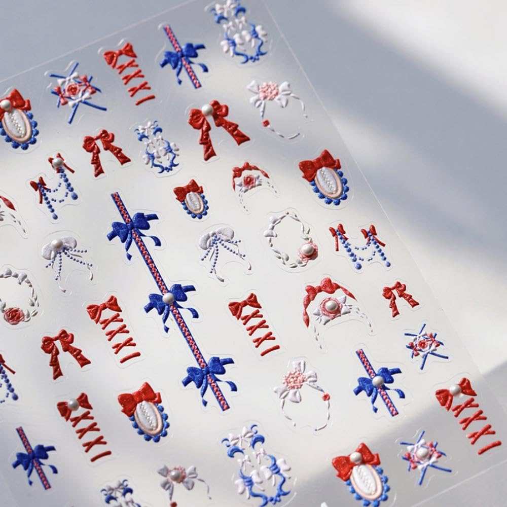 Red Blue Nail Stickers Bow Nail Art Decals Cartoon Nail Sticker for Nails Art Self Adhesive 5D Embossed with Pearl Design Manicure Supply Decoration Accessories for Women Girls Kid