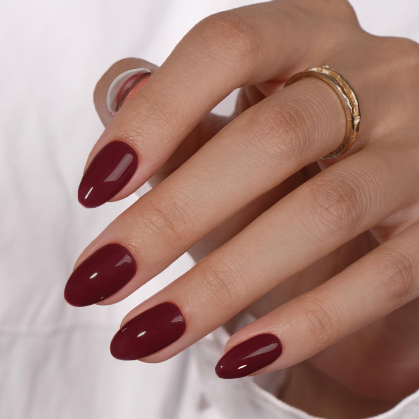 KQueenest Dark Red Press On Nails Short Oval - Acrylic Press On Nails with Glue, Almond Short Fake Nails Press ons, Glossy Opaque Burgundy Maroon, Reusable Soft Gel Glue on Nails for Women, 24 Pcs