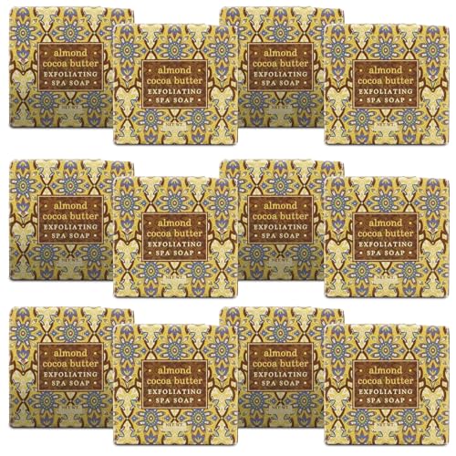Greenwich Bay ALMOND COCOA BUTTER Scented Exfoliating Bar Soaps - 12 Pack of Mini 1.9 oz. Botanical Scented Bars - Perfect for Guest Bath, Airbnb, Salon, Spa, Hotel - Elegant Wrappers