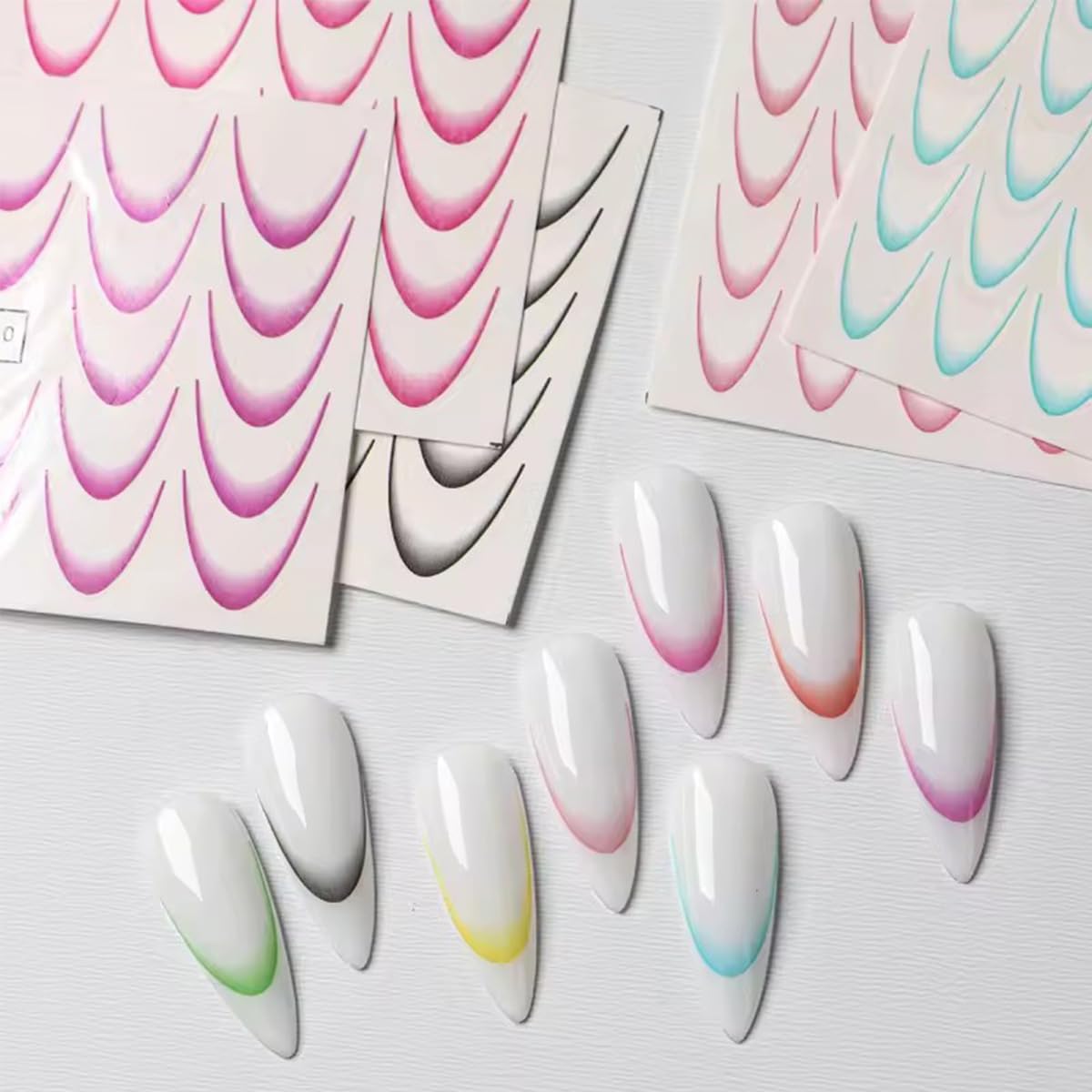 8 Sheets French Tip Nail Stickers 3D Self-Adhesive Frenchs Nail Art Stickers Colorful Curved Lines Design Nail Art Supplies Gradient French Tip Nail Decals for Women Girls Acrylic Manicure Kit DIY