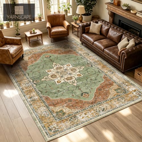 YARNSCAPE 8x10 Sage Green & Terracotta Machine Washable Area Rug - Non-Slip Low-Pile Carpet