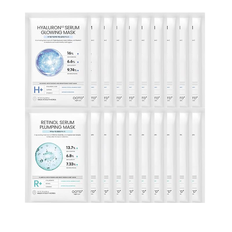 Retinol Hyaluronic Sheet Mask Gift Pack - 20 Count, Hydrating Rejuvenating Facial Masks