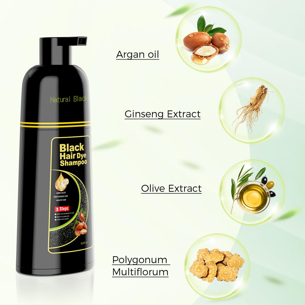 Black Hair Dye Shampoo 3 in 1，Argan Herbal Hair Color Shampoo Covers Gray Hair for Women and Men (16.9 fl.oz Black)