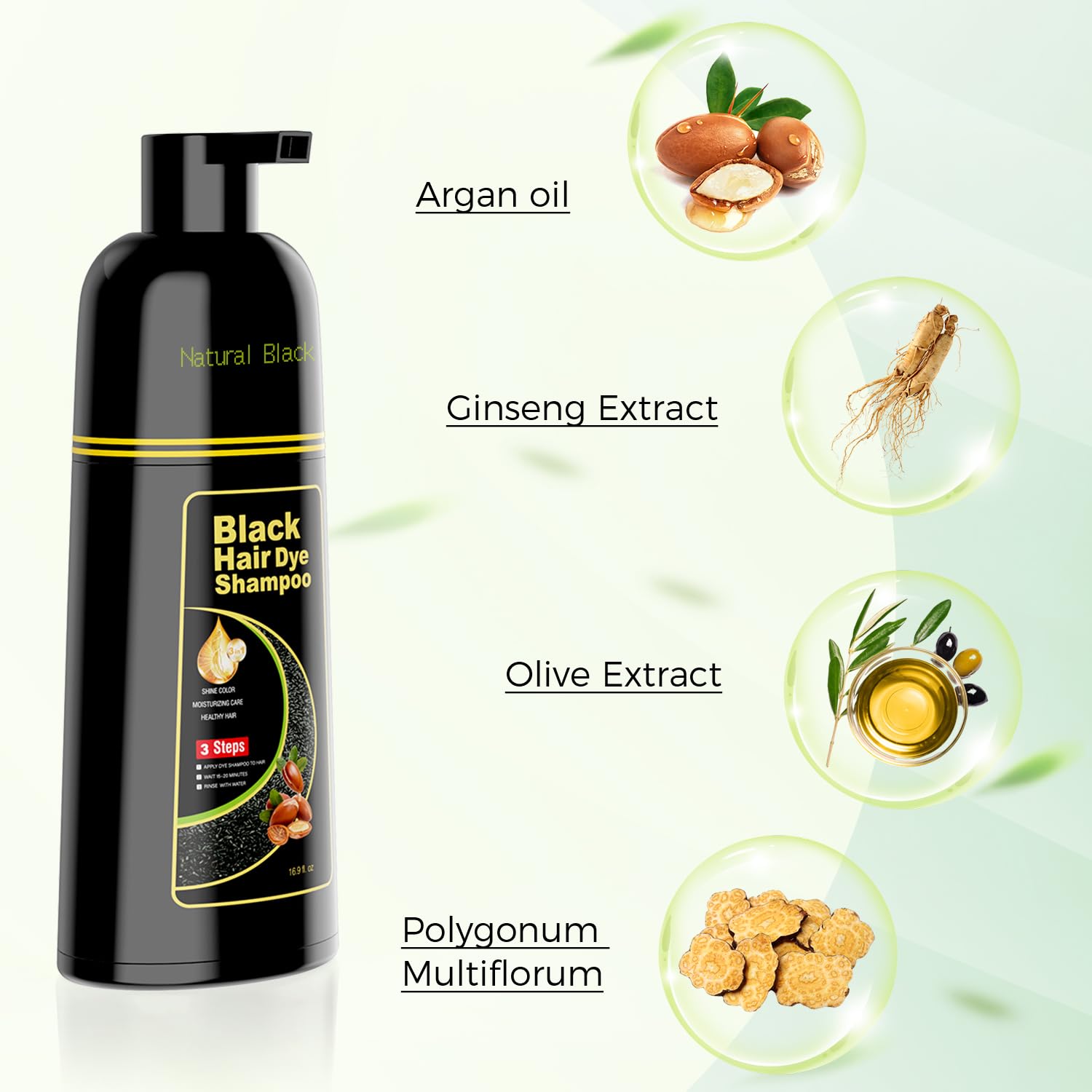 Black Hair Dye Shampoo 3 in 1，Argan Herbal Hair Color Shampoo Covers Gray Hair for Women and Men (16.9 fl.oz Black)