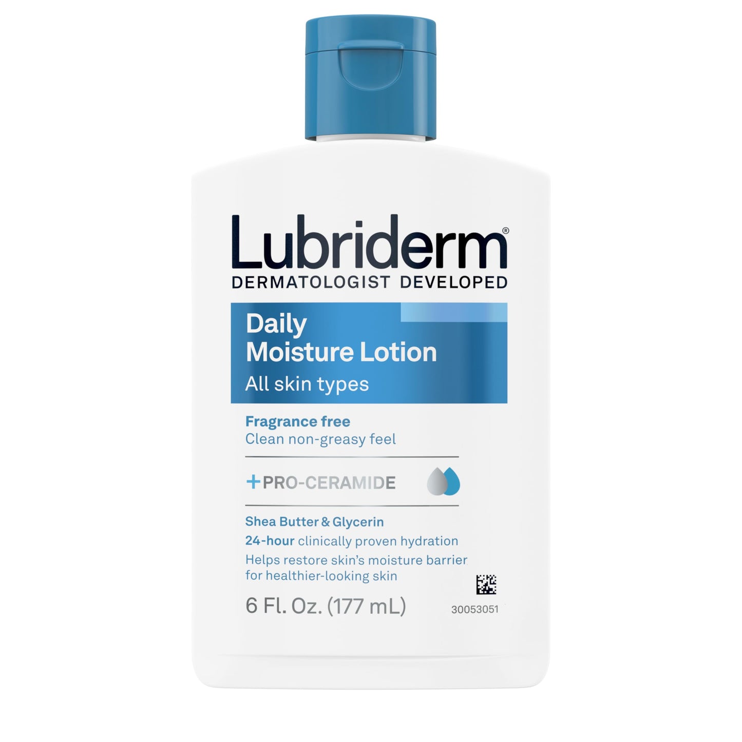 Lubriderm Fragrance Free Daily Moisture Lotion + Pro-Ceramide, Shea Butter & Glycerin, Face, Hand & Body Lotion for Sensitive Skin, Hydrating for Healthier-Looking Skin, 6 fl. oz, Pack of 1