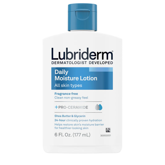 Lubriderm Fragrance Free Daily Moisture Lotion + Pro-Ceramide, Shea Butter & Glycerin, Face, Hand & Body Lotion for Sensitive Skin, Hydrating for Healthier-Looking Skin, 6 fl. oz, Pack of 1