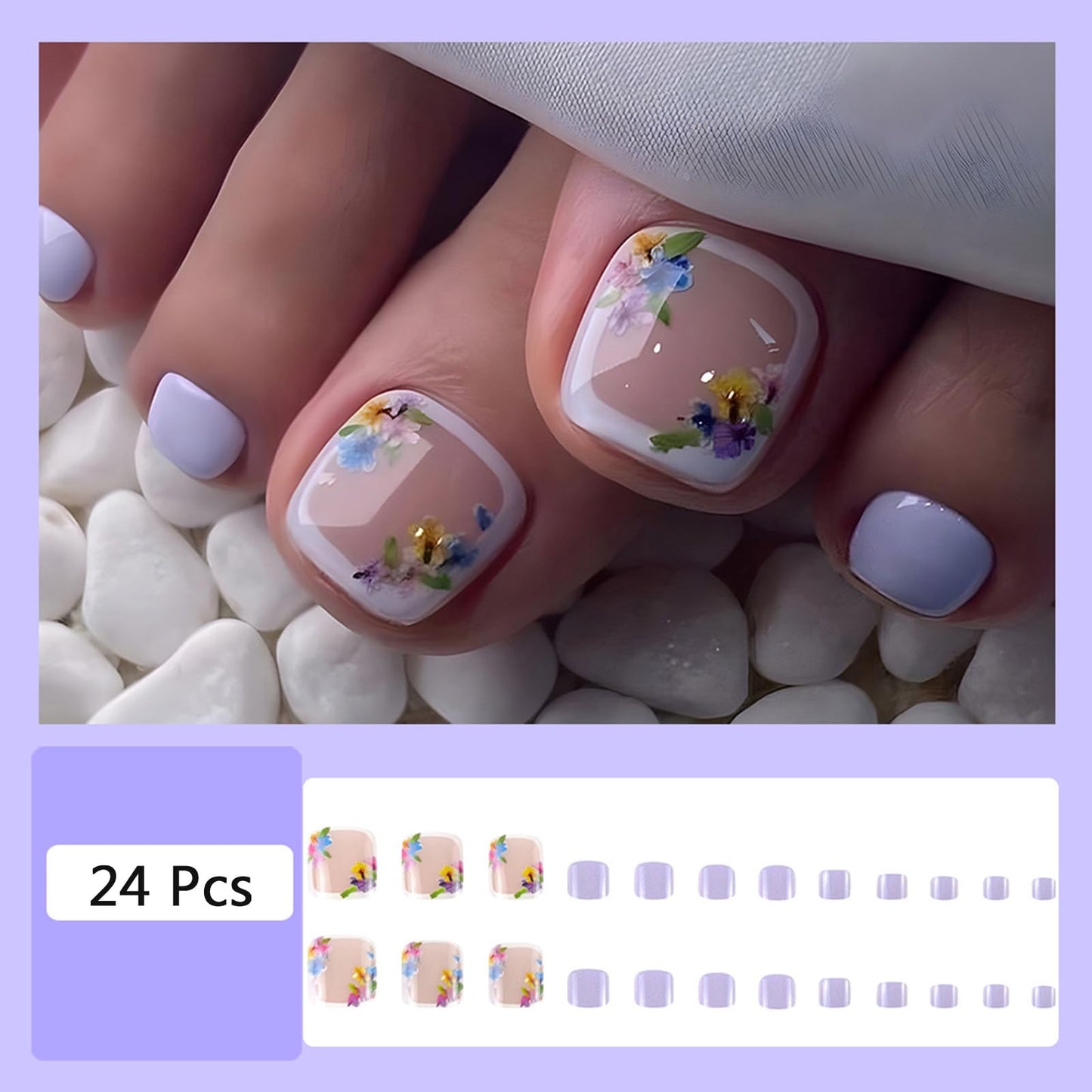 24Pcs Purple Press on Toenails Short Square Fake Toe Nails with Colorful Flower Designs Summer Toenail Press ons Full Cover Cute Acrylic False Toenails Reusable Glue on Toe Nails for Women