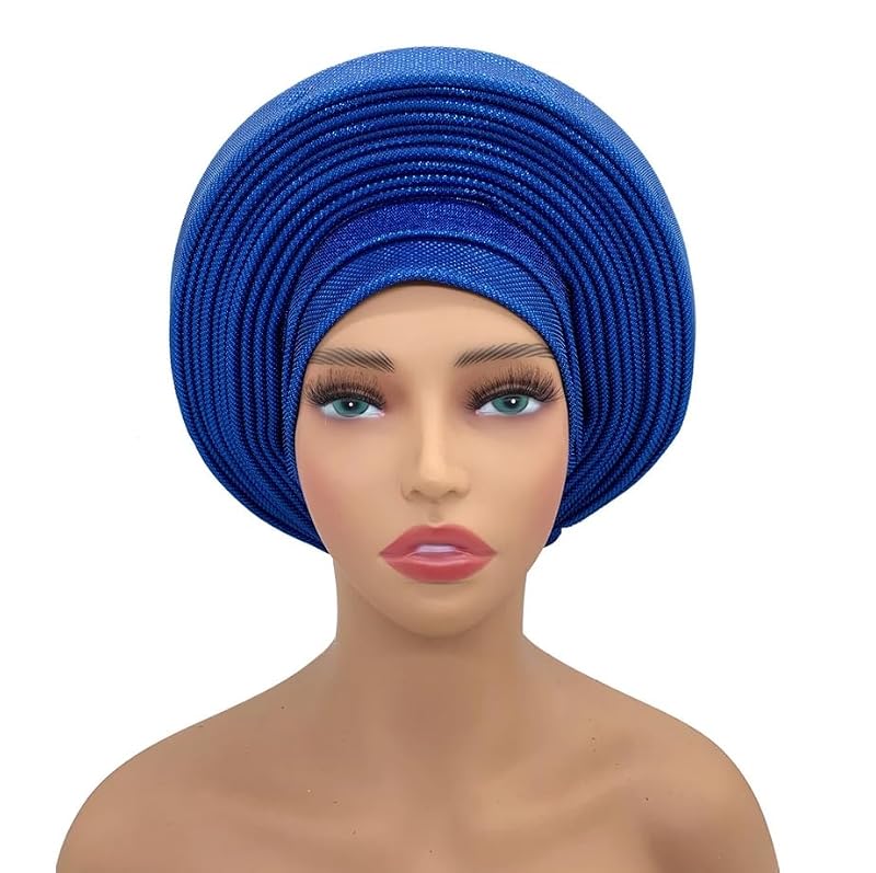 Royal Blue Pre Tied African Headwrap Turban Cap for Women - Nigerian Wedding & Party Head Tie