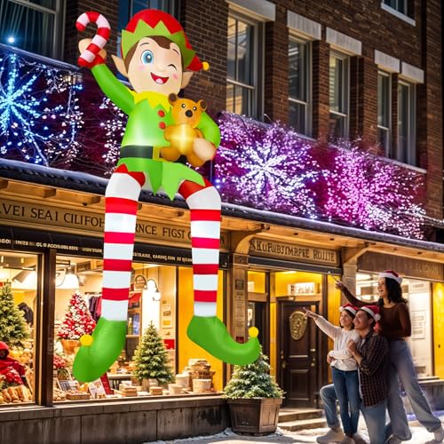 10FT Outdoor Christmas Inflatable Elf with LEDs & Stable Setup - Yard Decor
