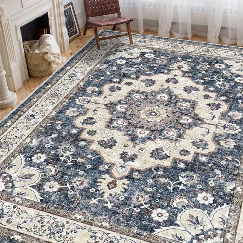 8 x 10 Blue Washable Living Room Area Rug - Stain Resistant Non-Shedding Carpet
