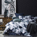 Navy Blue Queen Duvet Cover Set 3 Pieces Floral Spring Pattern Zipper & Ties