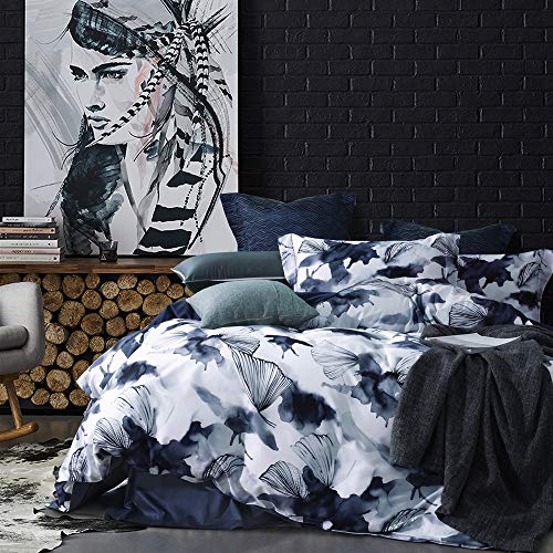 Navy Blue Queen Duvet Cover Set 3 Pieces Floral Spring Pattern Zipper & Ties