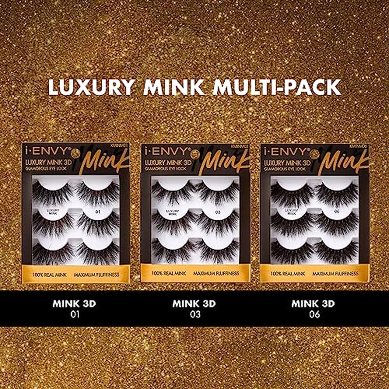 i-ENVY False Lashes, Mink 3D Lashes Value Pack Real Mink Maximum Fluffy Wispy Luxury Glamorous Natural Look Reusable Eyelashes (06)