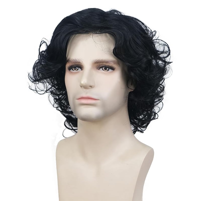 Aimole 12" Long Curly Men Wig - Black with Bangs, Synthetic High Temp Fiber, Cosplay
