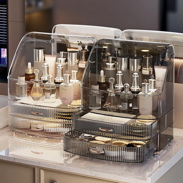 Plukers Makeup Organizer Countertop Vanity with Transparent Lid Drawers Waterproof Dustproof Cosmetic Skincare Bathroom Storage Gift for Women Teens Girls (Clear Black)