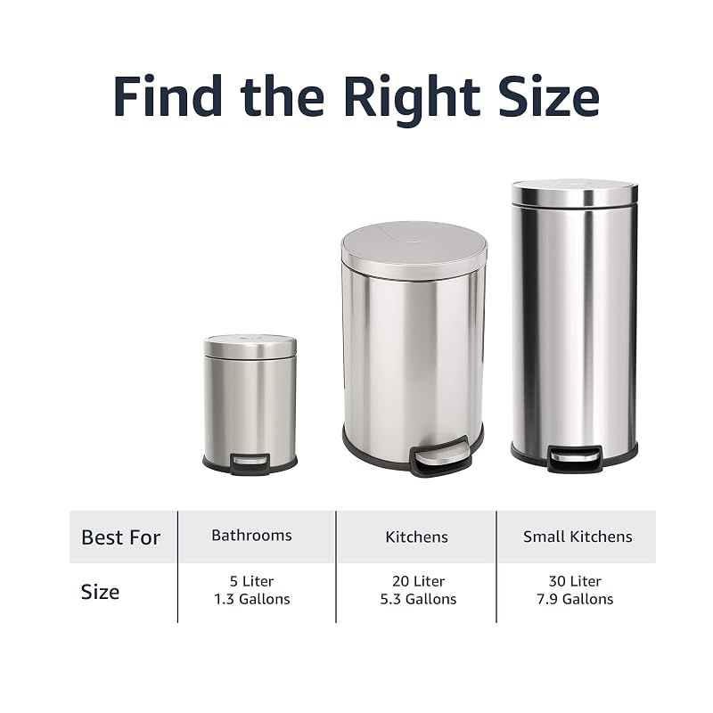 20L / 5.3 Gallon Brushed Stainless Steel Trash Can with Soft-Close Lid, Pedal & Removable Inner Bucket