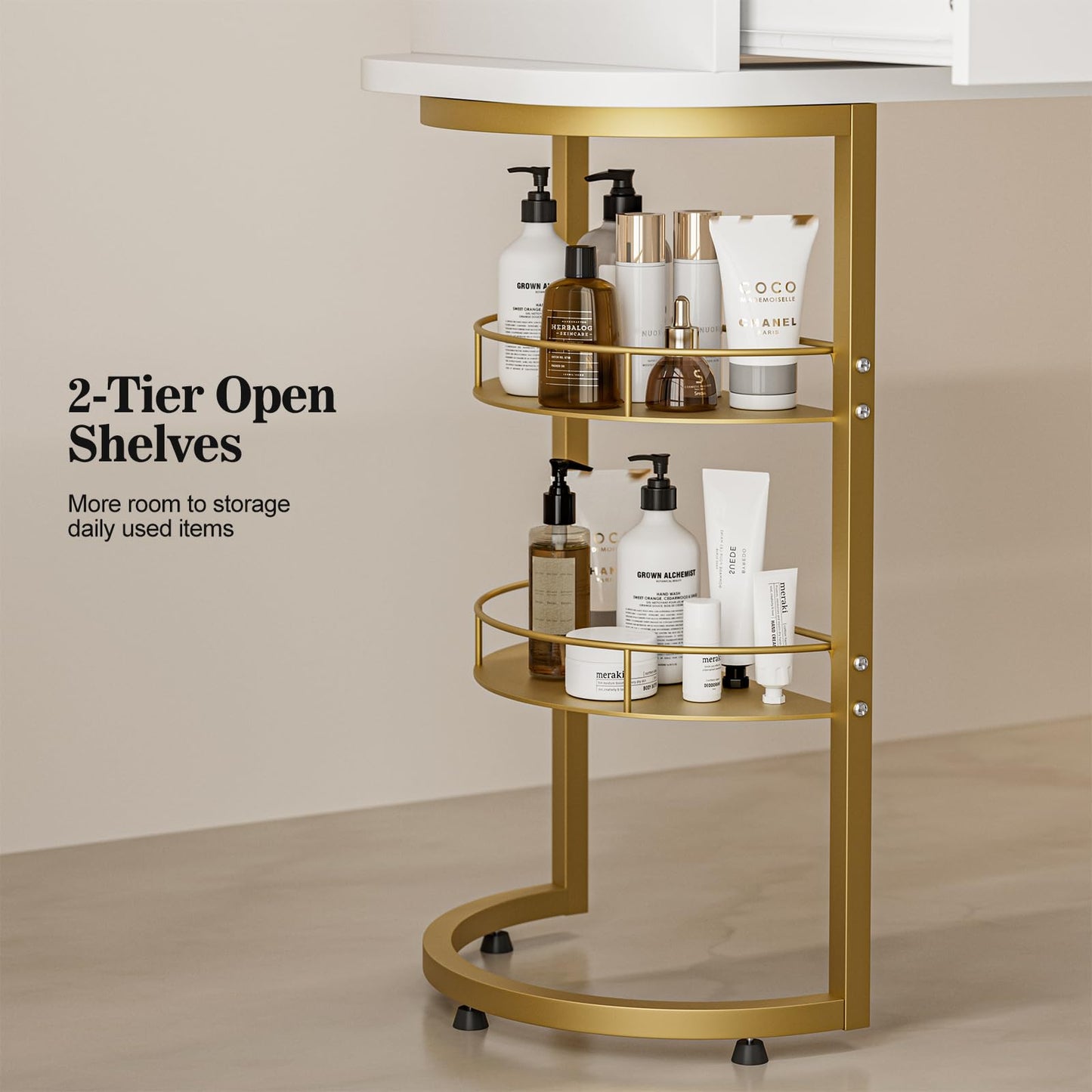 Paddie Manicure Table for Nail Tech, Glass Top Nail Desk Station w/4 Drawers & 2-Tier Storage Shelves, Salon Beauty Workstation Acetone Resistant w/Wrist Cushion, Golden Handles (White)