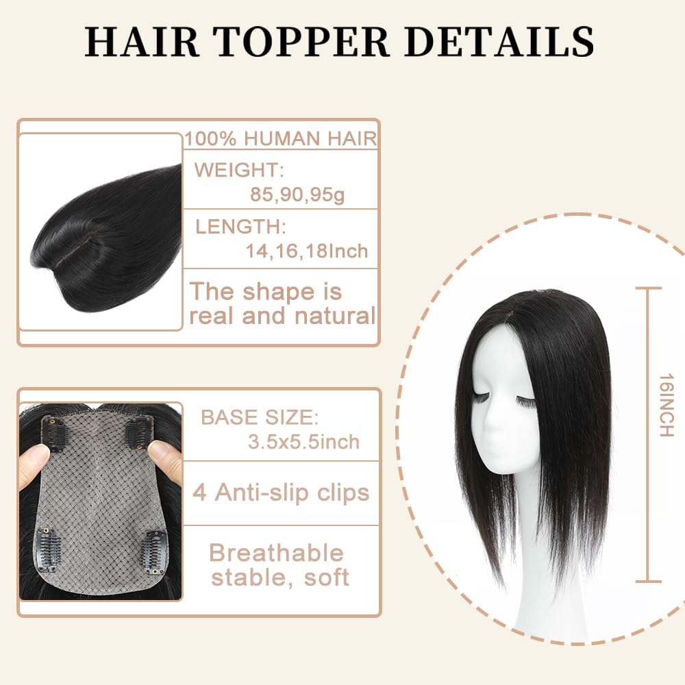 HVVZOY Hair Toppers for Women Real Human Hair， 360°3D Big Basement Cover Topper for Women with Thinning Crown with Side Clip in Bangs Realistic Scalp (1B, Side 14INCH)