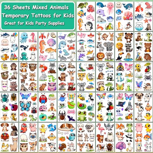 Temporary Tattoos for Kids - 232 Mixed Styles (36 Sheets) Cute Animals Tattoo Stickers for Boys Girls Birthday Party Supplies,Goodie Bag Stuffers & Decoration