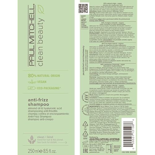 Paul Mitchell Clean Beauty Anti-Frizz Shampoo, Smoothes Hair, Calms Frizz, For Textured, Frizz-Prone Hair