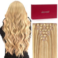 7Pcs Clip-In Hair Extensions - Real Human Hair, Ash Blonde Highlights, 12 Inch, Double Weft, Golden Blonde