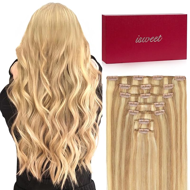 7Pcs Clip-In Hair Extensions - Real Human Hair, Ash Blonde Highlights, 12 Inch, Double Weft, Golden Blonde