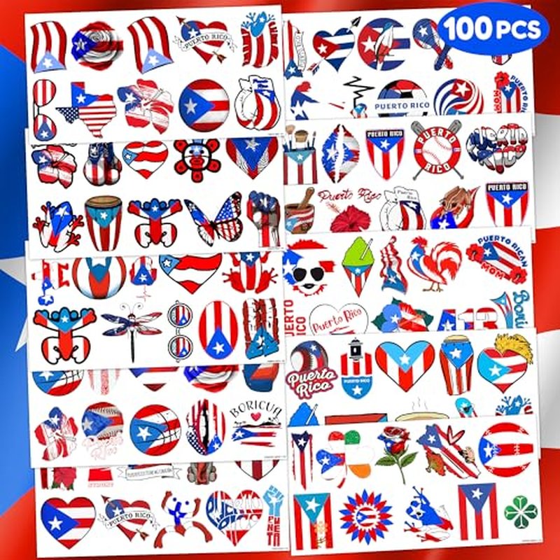 100PCS Puerto Rico Temporary Tattoos Puerto Rican Party Decorations Favors Supplies Themed Flag Stickers 10 Sheets Gifts for Baby Girls Boys Class School Carnival
