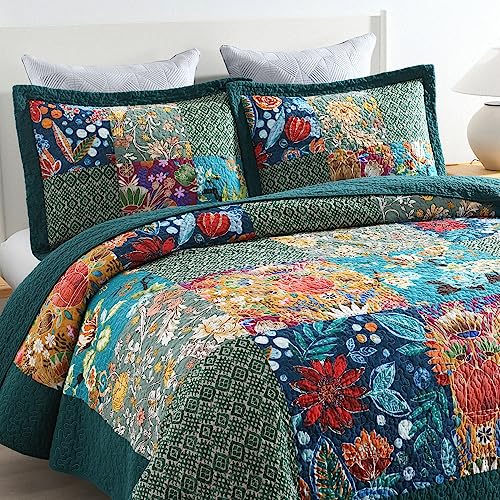 Autumn Dream Reversible Cotton Bedspread Quilt Set King Turquoise Floral Patchwork