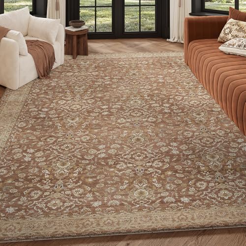 9x12 Reddish Brown Washable Area Rug for Living Room - Vintage Print, Non-Slip, Pet-Friendly, Machine Washable