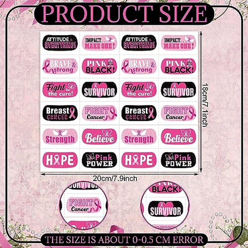 Landhoow 240 Pcs Pink Ribbon Breast Cancer Awareness Face Tattoos Stickers Bulk Ribbon Temporary Tattoo Glitter Eye Body Tattoo Stickers and Decals for Cancer Awareness Party Supply