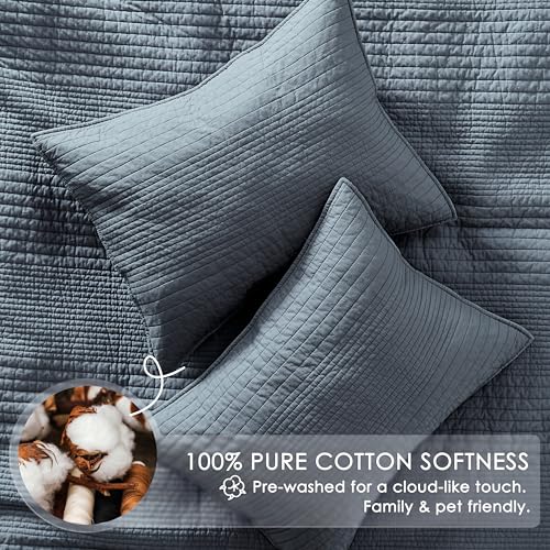Palassio Blue Grey Striped Cotton Quilt Set California King Bedding with 2 Shams