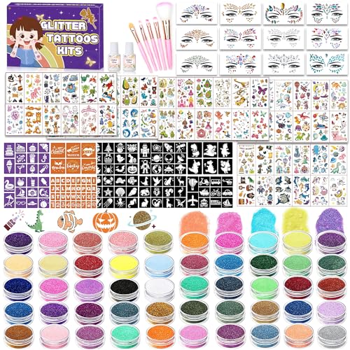 Kids Glitter Tattoo Kit with 50 Colors, 128 Stencils, Face Jewels & Accessories