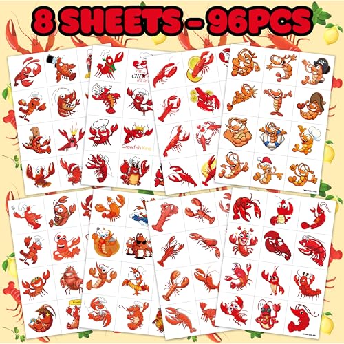 96PCS Crawfish Boil Pre-Cut Temporary Tattoos Themed Birthday Party Supplies Favors Decorations Summer Seafood Lobster Crayfish Shrimp Tattoo Stickers Gifts For Boys Girls Kids School Prizes Carnival