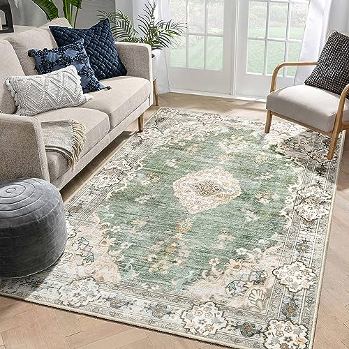 Green 5'x7' Washable Boho Area Rug Non-Slip Low-Pile Floral Accent