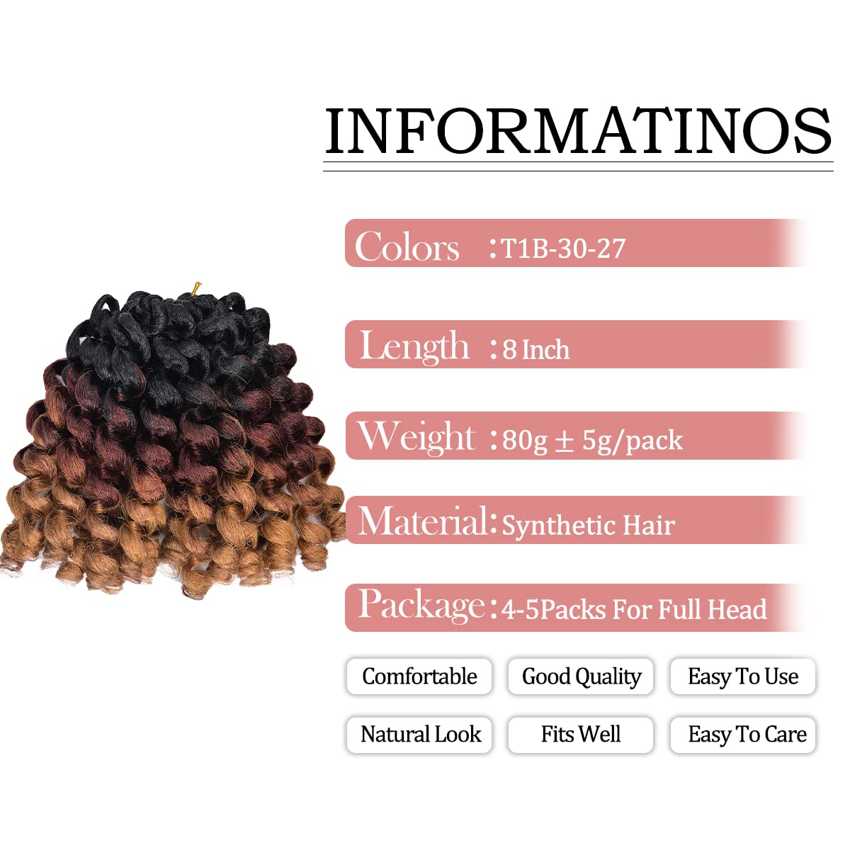 Wand Curl Jamaican Crochet Hair 8 Inch 5 Packs T1B/27/30 80g/pcs Ringlet Twist Hair Extension Crochet Braids