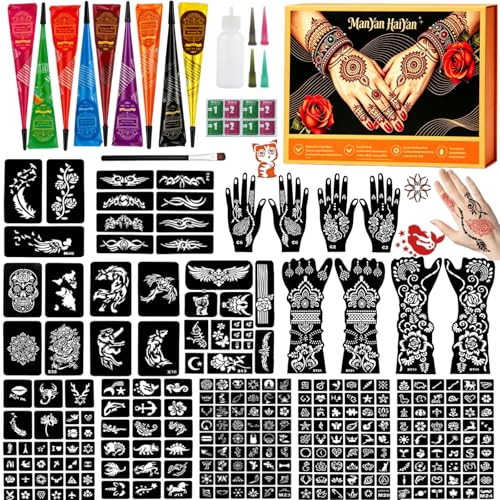 Temporary Body Art Tattoo Kit Multi-Color Style E with Reusable Stencils