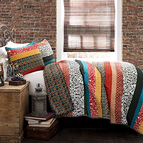 Lush Decor Boho Stripe Reversible Cotton Quilt Set King Turquoise & Tangerine 3-Piece