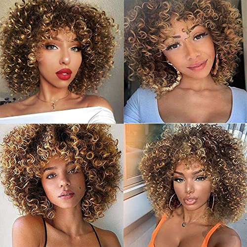 Brown to Blonde Afro Curly Wig for Black Women with Bangs - Synthetic Heat-Resistant Hair, 15 Inch, Adjustable Size