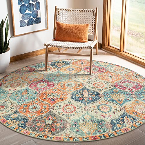 6ft Round Moroccan Washable Area Rug - Burnt Orange & Teal Multi - Soft Faux Wool, Low-Pile, Non-Slip Backing