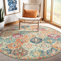 6ft Round Moroccan Washable Area Rug - Burnt Orange & Teal Multi - Soft Faux Wool, Low-Pile, Non-Slip Backing