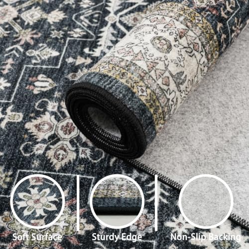 Babovid 8x10 Ash/Beige Washable Area Rug - Non-Slip Vintage Medallion, Low-Pile