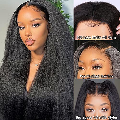 24 Inch Kinky Straight Lace Front Wig for Black Women - Human Hair, Pre Plucked with Baby Hairs, HD Transparent Lace, 180% Density, Variation 1B