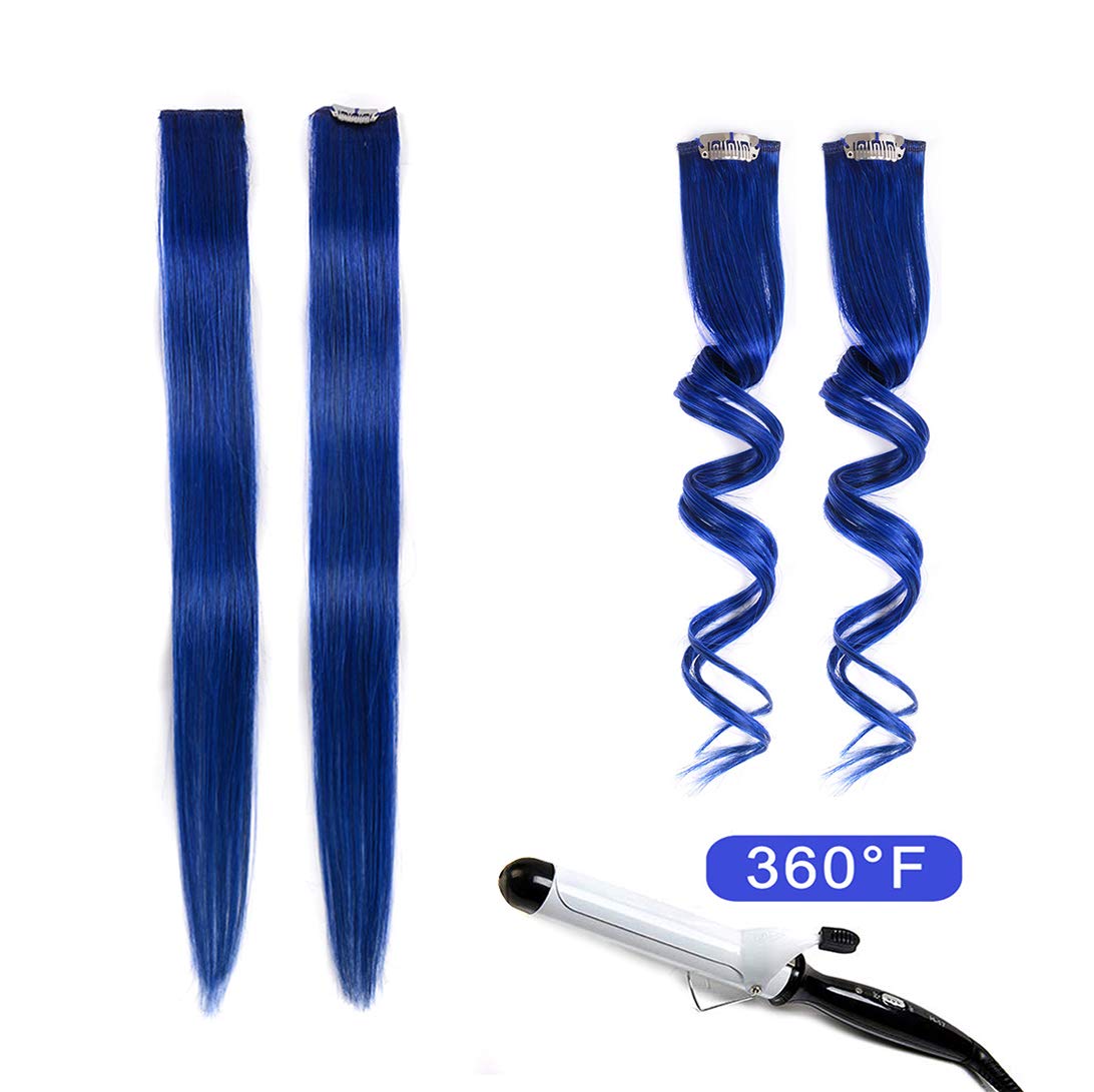 Winsky Blue Clip in Hair Extensions 100% Real Human Hair - Straight Highlights Colored Clip on Christmas Hairpieces 5 Pieces/Set (18inch, Blue)